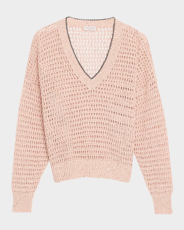 Paillette Open Knit V-Neck Sweat
